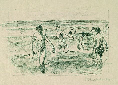 Max Liebermann - 2 Bll.: Badende Jungen im Meer. Spielende Kinder am Strande