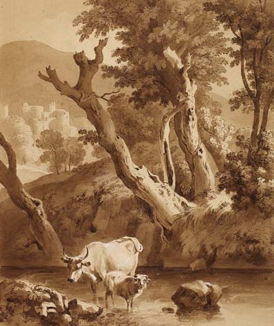 Karel Dujardin - Landschaft mit Kuh und Widder