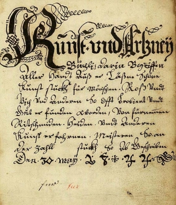Manuskript Rezeptbuch - Kunst und Artzney- Buch. Um 1744