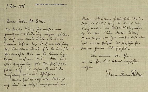 Rainer Maria Rilke - 1 Bl. handschriftlich, an Herrn Salus, 1906.