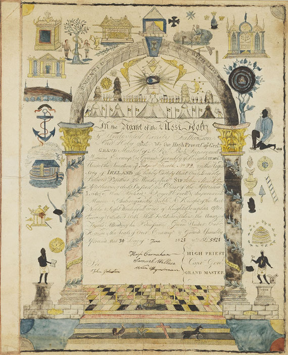 Freimaurer - 4 Freimaurer- Urkunden unter Glas + 1 gefalt. Urkunde. Zus. 5 Tle. 1802-1869.