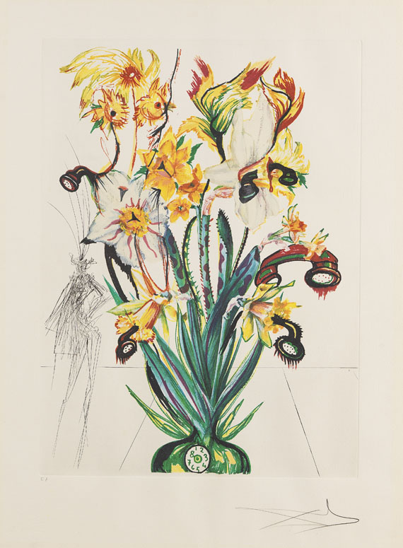 Salvador Dalí - 3 Bätter: Hemerocallis thumbergii elephanter furiosa. Narcissus telephonans inondis. Dianthus carophilius cum clavinibus multibibis - Altre immagini