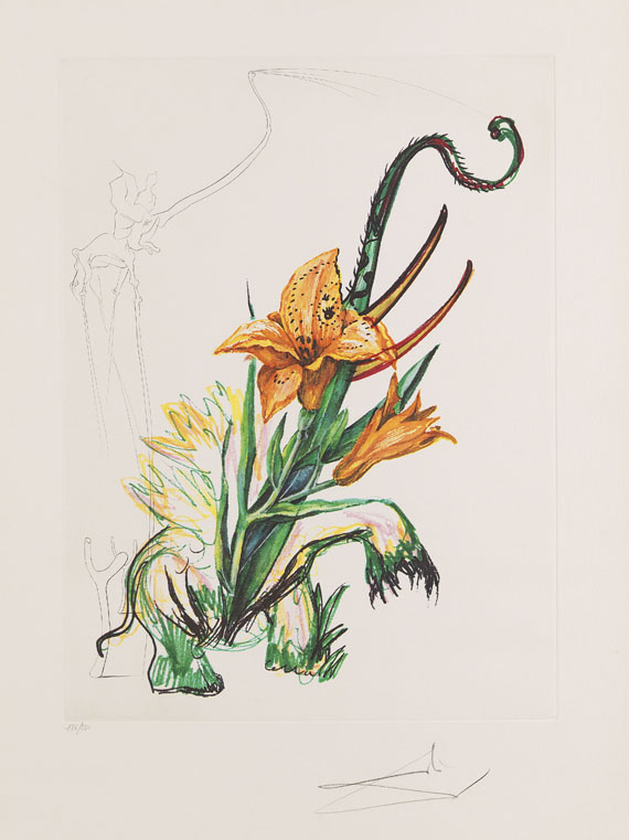 Salvador Dalí - 3 Bätter: Hemerocallis thumbergii elephanter furiosa. Narcissus telephonans inondis. Dianthus carophilius cum clavinibus multibibis - Altre immagini