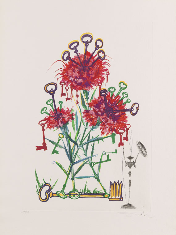 Salvador Dalí - 3 Bätter: Hemerocallis thumbergii elephanter furiosa. Narcissus telephonans inondis. Dianthus carophilius cum clavinibus multibibis