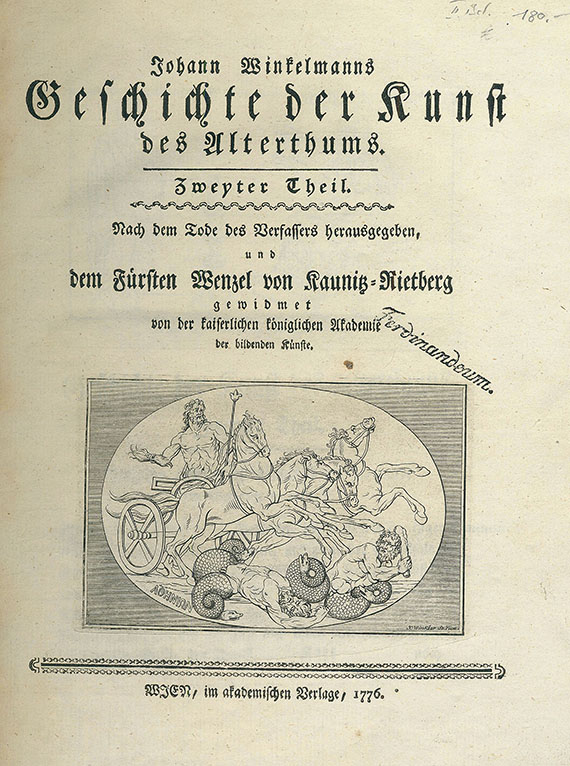 Johann Joachim Winckelmann - Geschichte d. Kunst d. Altertums. 2 Tle. in 1 Bd. 1776, 1 Beigabe.