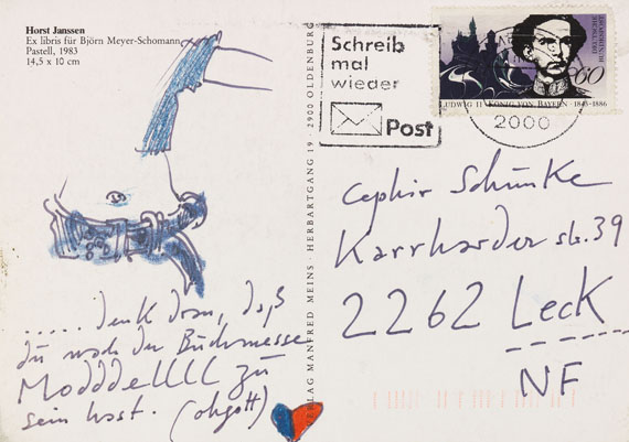 Horst Janssen - 4 eigh. Postkarten mit kl. Zeichnung. 1987-89.