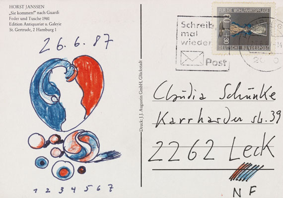 Horst Janssen - 4 eigh. Postkarten mit kl. Zeichnung (blaurotes Herz). 1987-88.