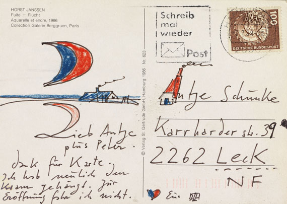 Horst Janssen - 4 eigh. Postkarten m. kl. Zeichnung (na/1988/Zeit der Früchte/C über Haus). 1988-89.