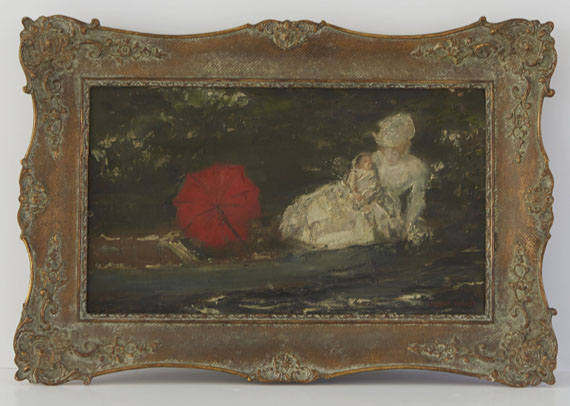 Albert von Keller - Frau und Kind im Freien mit rotem Parasol - Cornice