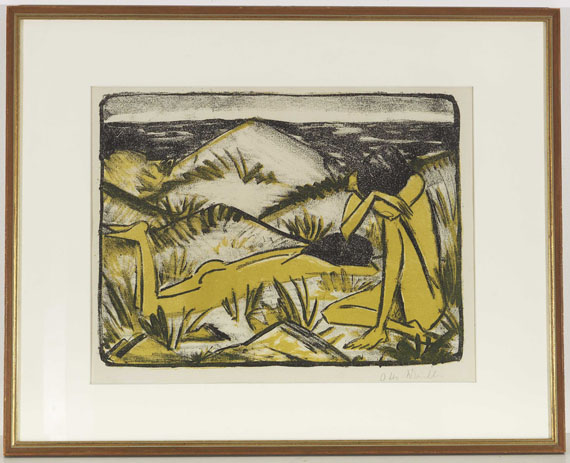 Otto Mueller - Ein in Dünen sitzendes und ein liegendes Mädchen (Zwei Mädchen in den Dünen, Sylt) - Cornice