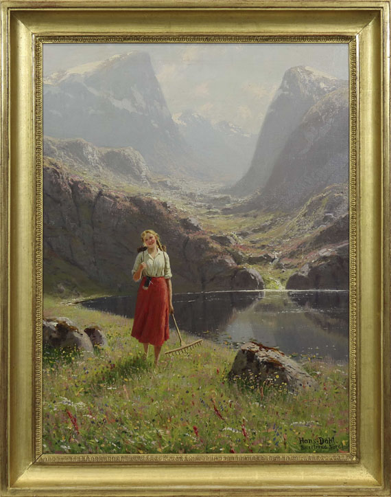 Hans Andreas Dahl - Sommer am norwegischen Fjord - heimkehrendes Mädchen mit Rechen und Kiepe - Cornice
