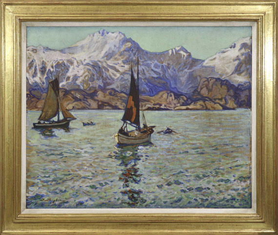 Julius Seyler - Lofotenlandschaft mit zwei Segelschiffen - Cornice