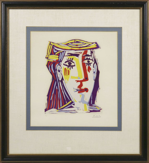 Pablo Picasso - Portrait de Jacqueline au chapeau de paille multicolore - Cornice