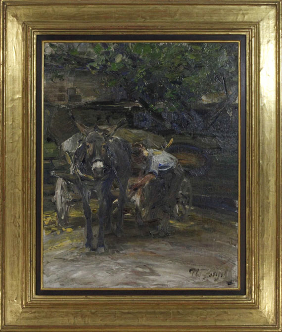 Heinrich von Zügel - Eselfuhrwerk beim Anschirren - Cornice