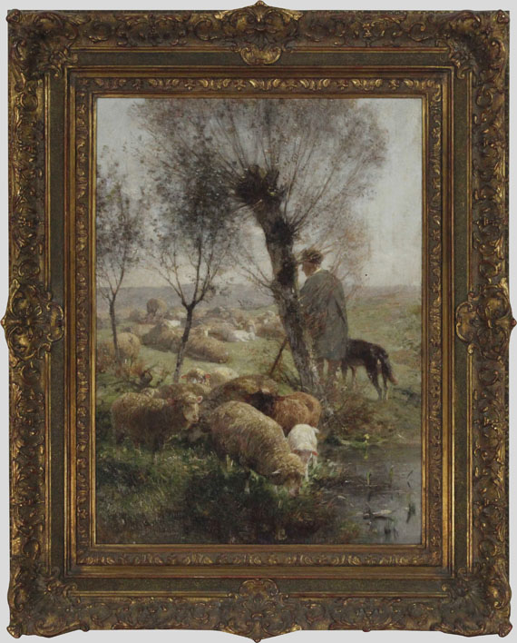 Heinrich von Zügel - Schäfer mit Hund und Herde unter Weidenbäumen am Wasser - Cornice