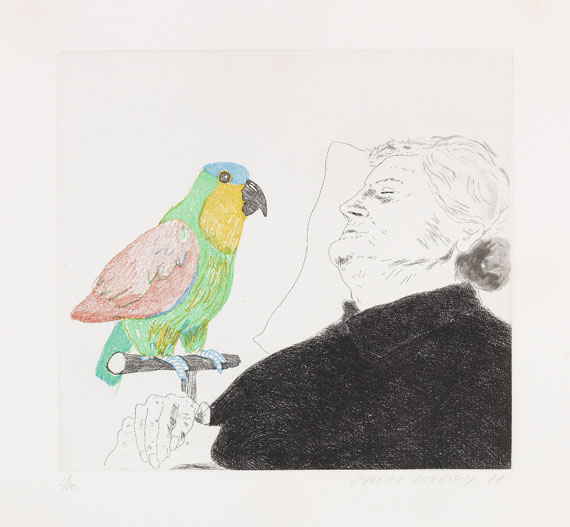 David Hockney - Félicité sleeping with parrot: illustration for "A simple heart" of Gustav Flaubert