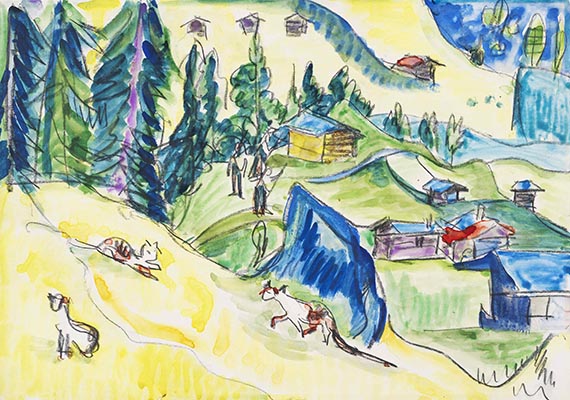 Ernst Ludwig Kirchner - Bergalp mit Hütten und Katzen