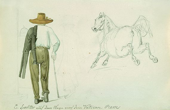 August Ferdinand Hopfgarten - Schreitender Mann, galoppierendes Pferd (Studienblatt)