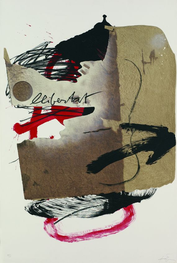 Antoni Tàpies - 3 sheets: Komposition in Schwarz auf graubraunem Grund. Komposition. Libertat