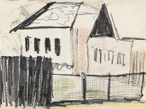 Otto Mueller - Häuser hinter einem Zaun