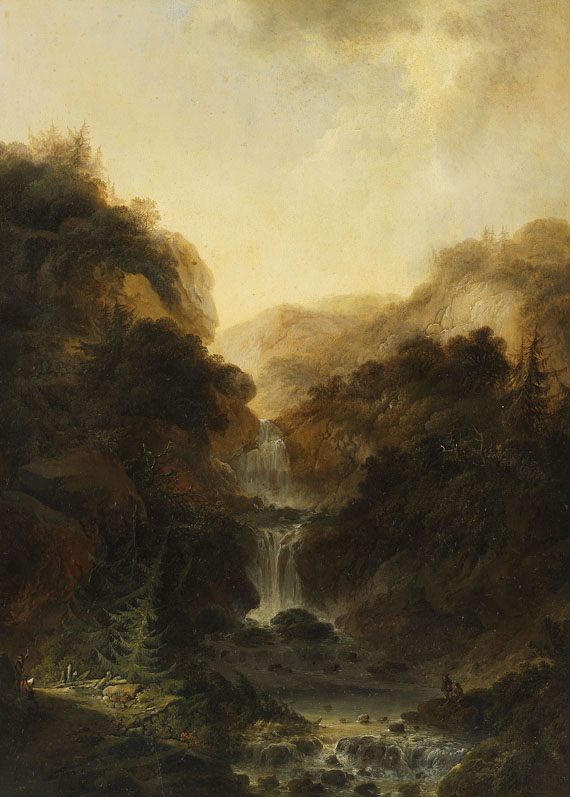 Heinrich Wüest - Gemäldepaar: Ideale Gebirgslandschaften mit Wasserfall und Zeichnern - Altre immagini
