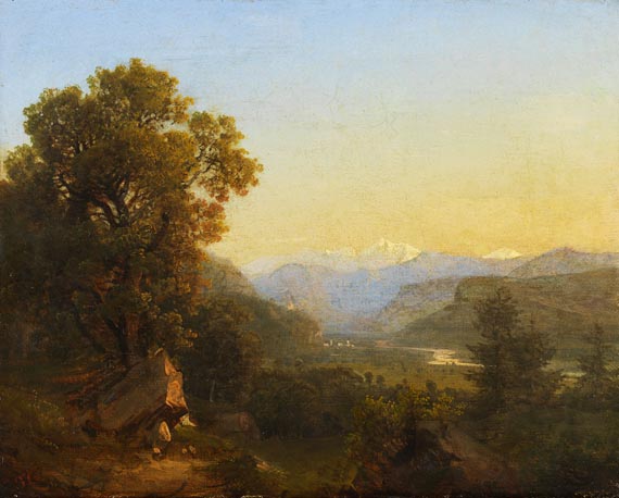 Johann Theodor Goldstein - - Zugeschrieben. Blick über ein weites Alpenflusstal mit Burgruine und kleinem Städtchen