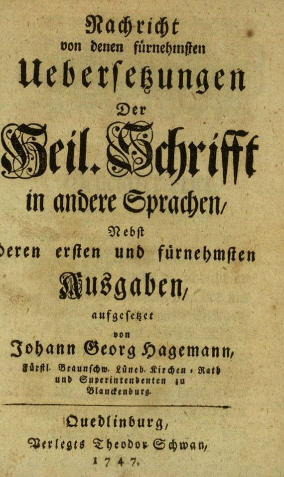 Johann Georg Hagemann - Übersetzungen der heiligen Schrifft (1747).