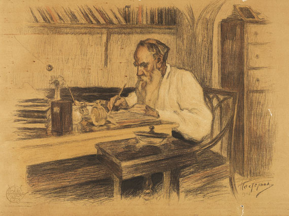 Boris Pasternak - 1 Bl. Porträt von Tolstoi (Reproduktion) mit eigh. Zeilen m. U. 1959. Aus d. Nachlaß von G. Gründgens.