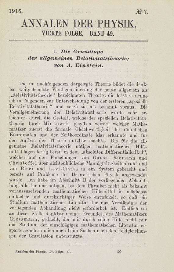 Albert Einstein - Die Grundlage der allgemeinen. Relativitätstheorie. 1916