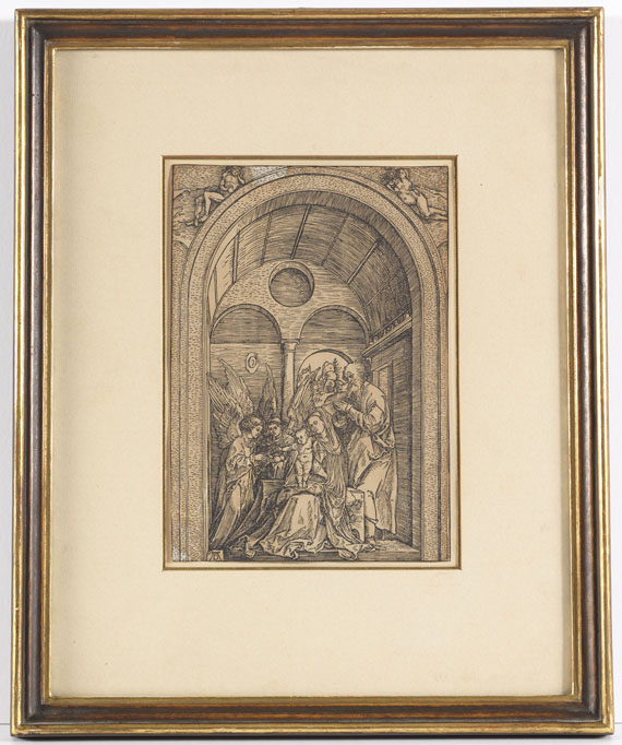 Albrecht Dürer - Die Heilige Familie mit zwei Engeln in der gewölbten Halle - Cornice