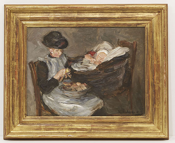 Max Liebermann - Mädchen aus Laren beim Kartoffelschälen neben schlafendem Kind im Korb - Cornice