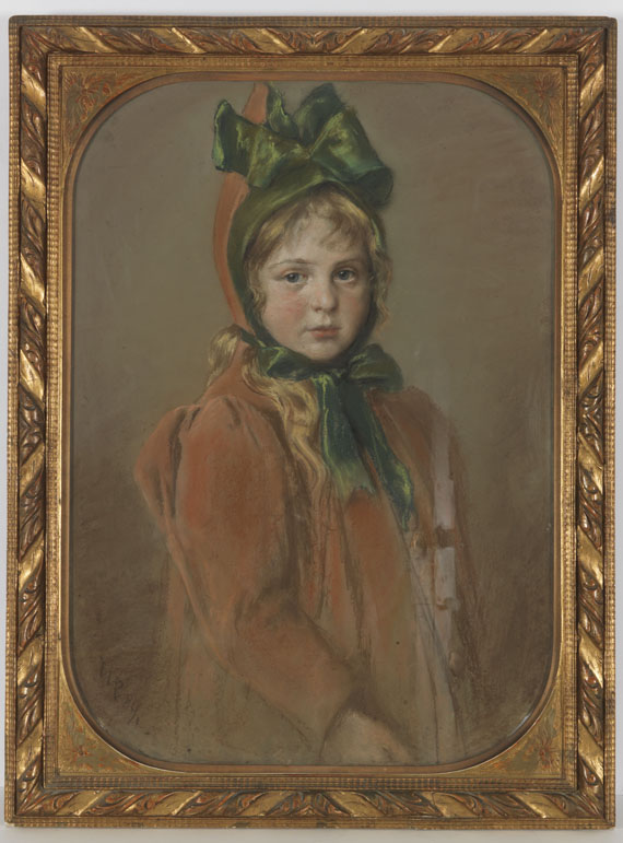 Wilhelm Carl Räuber - Mädchenporträt mit grüner Schleife (Die Tochter des Künstlers) - Cornice