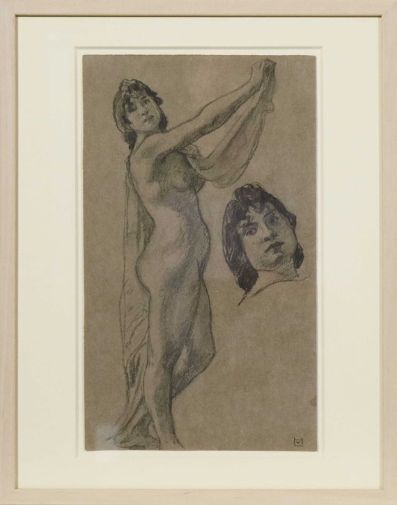 Ludwig von Hofmann - Studienblatt mit stehendem weiblichem Akt mit Tuch sowie Kopfstudie - Cornice