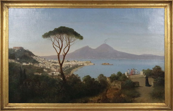 Albert August Zimmermann - Blick vom Posillipo auf die weite Bucht von Neapel mit rauchendem Vesuv - Cornice