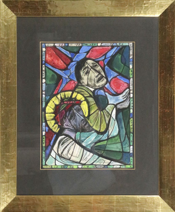Albert Birkle - Simon hilft Jesus das Kreuz zu tragen (Farbentwurf für ein Bleiglasfenster) - Cornice