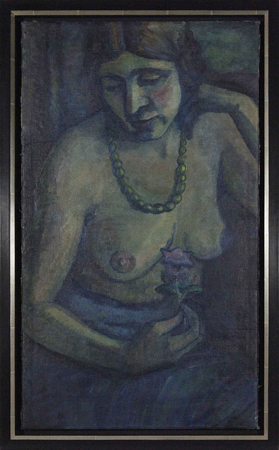 Dorothea Maetzel-Johannsen - Selbstporträt in Blau (Halbakt mit Perlenkette) - Cornice