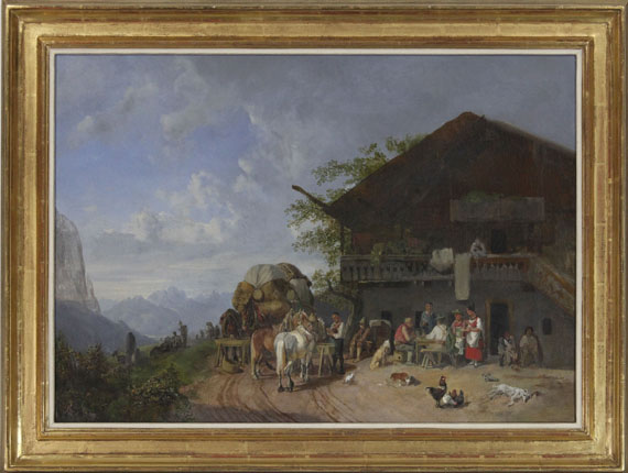 Heinrich Bürkel - Rast vor einem Gasthof in den Bergen - Cornice