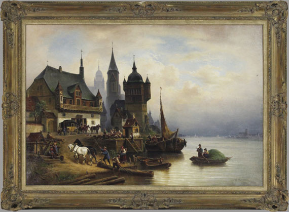Wilhelm Meyerheim - Postkutsche im Pommerschen Hafen - Cornice