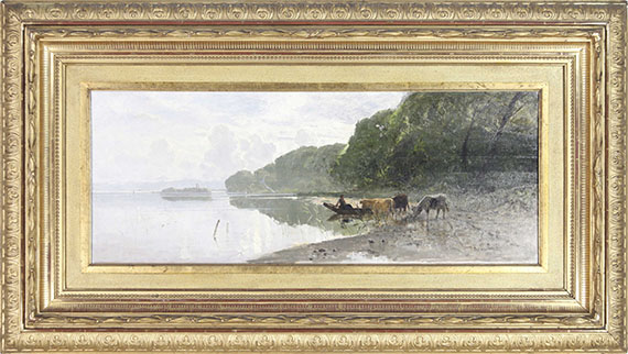 Richard von Poschinger - Uferlandschaft am Starnberger See mit weidenden Kühen - Cornice