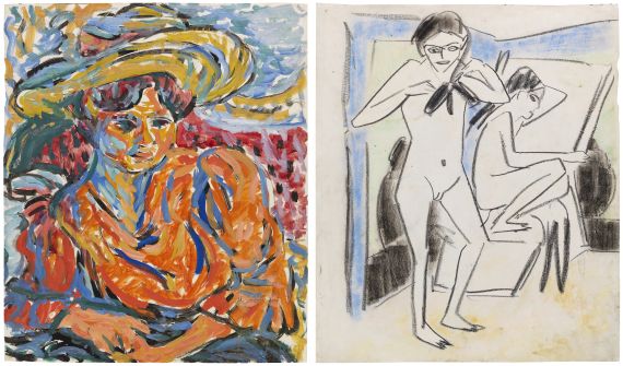Ernst Ludwig Kirchner - Sitzende mit großem Hut, Emy Frisch / Szene im Atelier (Fränzi (Marzella) und Artistin)