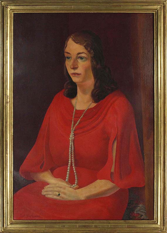 Curt Grosspietsch - Porträt einer Dame mit Perlenkette im roten Abendkleid - Cornice