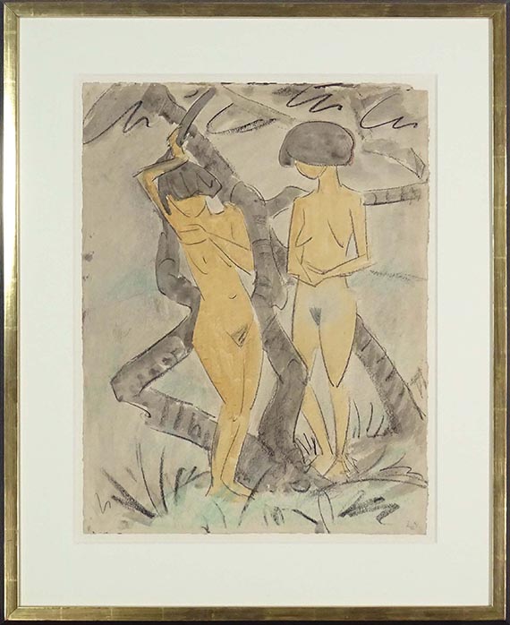 Otto Mueller - Zwei Mädchenakte (Zwei stehende Mädchenakte unter Bäumen / Zwei Mädchen neben Baumstämmen stehend) - Cornice