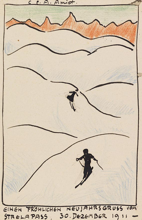 Amiet - Postkarte: Berglandschaft mit Skifahrer