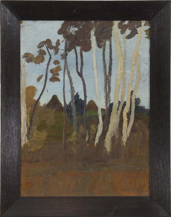 Paula Modersohn-Becker - Landschaft mit Birken, im Hintergrund zwei Hausgiebel - Cornice