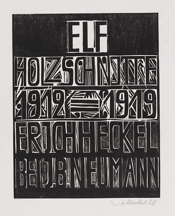Heckel - Umschlag, Titelblatt und Inhaltsverzeichnis der Mappe "Elf Holzschnitte, 1912-1919, Erich Heckel bei J.B. Neumann"