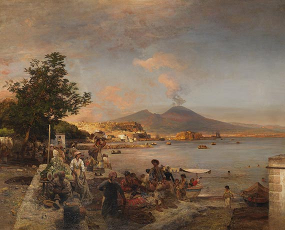 Oswald Achenbach - Marktszene bei Neapel mit Blick auf den Vesuv