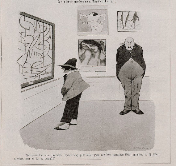 Illustration for: Eugen Kirchner, In einer modernen Ausstellung, Karikatur, 1915, published in: Fliegende Blätter, München 1915, S. 270.