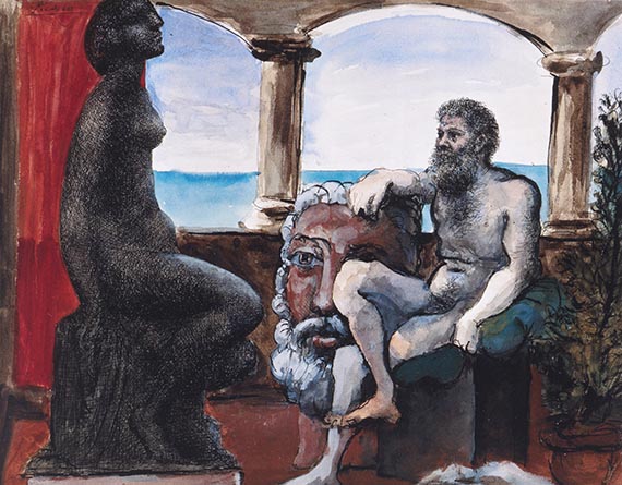 Illustration  for: Pablo Picasso, Le Sculpteur et la Statue, gouache, watercolor and ink on paper, 1933, Berggreun Collection, Berlin. © Succession Picasso / VG Bild-Kunst, Bonn 2025