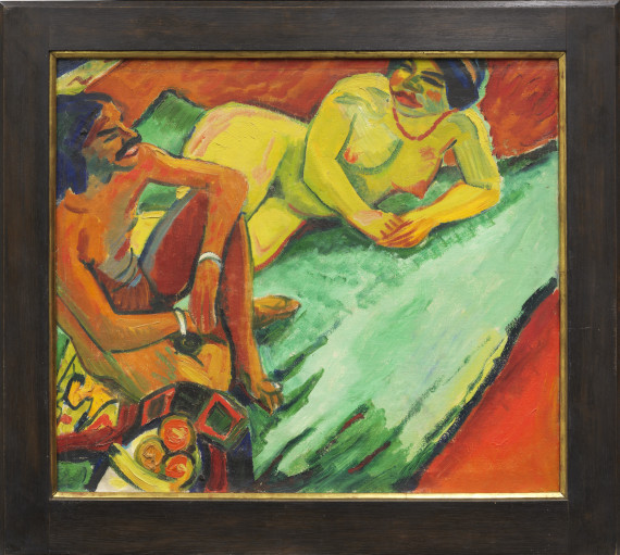 Hermann Max Pechstein - Weib mit Inder auf Teppich / Früchte (Rückseite) - Cornice