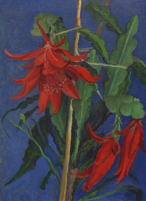 Gabriele Münter - Rote Kakteenblüte auf blauem Grund